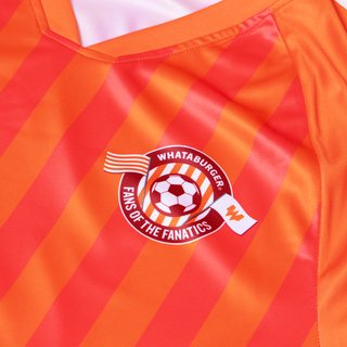 Orange striped soccer jersey with 'Whataburger - Fans of the Fanatics' logo on the chest