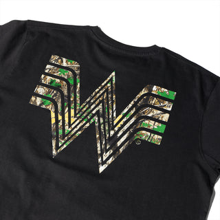 Close up of back of Sportiqe Coal Camo Tee on white background