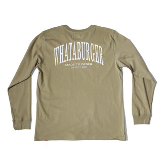 Mossy green long-sleeve shirt with 'Whataburger' text on a white background