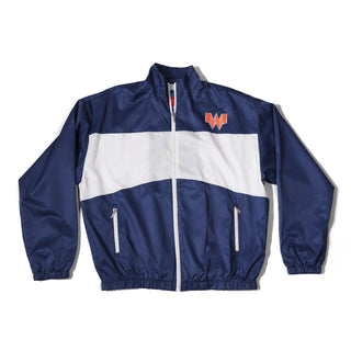 Navy and white jacket with a logo on the chest against a white background