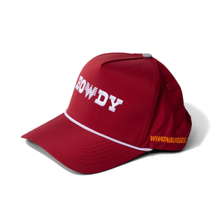 Maroon Howdy Staunch Collection Hat on white background at 45 degree angle with Whataburger Channel Letters Logo on side