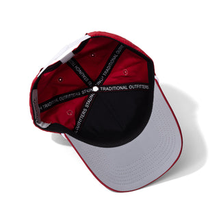 Underside and bill of Maroon Howdy Staunch Collection Hat on white background