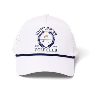 White golf cap with 'Whataburger Golf Club' logo on a white background