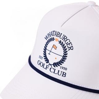 White cap with 'Whataburger Golf Club' logo on a white background