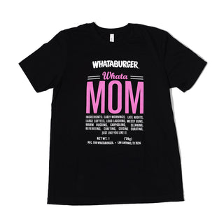 Black t-shirt with pink WhataMom logo and white ingredient list on a white background.