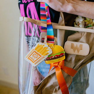 Burger and Fries Bag Charm set attached to a bag.
