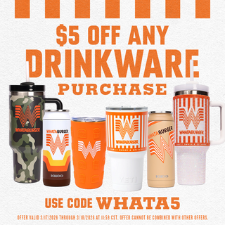 Promotional graphic for Whataburger drinkware with various tumblers and a discount offer.