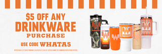 Promotional banner for drinkware with tumblers and offer details.