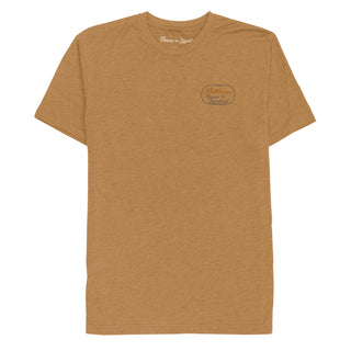 Brown t-shirt with a logo on the chest against a white background