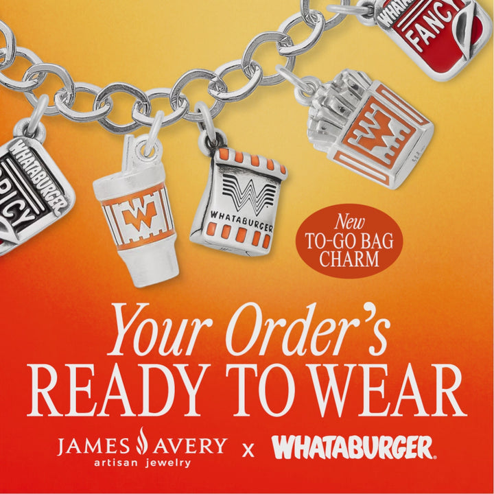 Sterling Silver Charm Bracelet with James Avery x Whataburger charms sitting on an orange gradient background with text reading, "Your Order's Ready to Wear."
