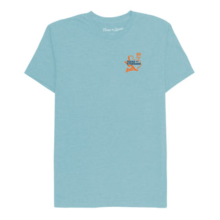 Light blue t-shirt with a small logo on the chest against a white background