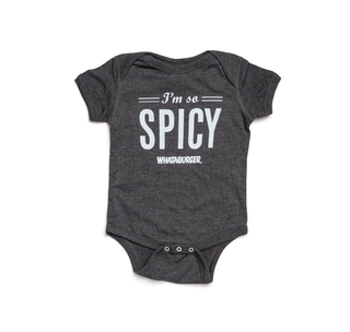 View Black I'm So Spicy Onesie Product Detail: - 60/40 Cotton/Polyester Blend - Three snap closure