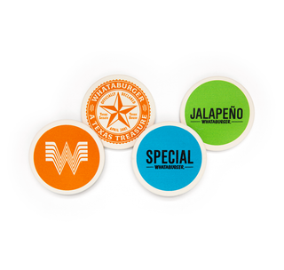 View 4-Pack Whataburger Coasters - Orange Flying W, Blue "Special", Green "Jalapeno", and Whataburger Seal