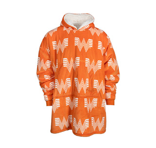 View Orange Whataburger Comfy Original - Size: Approximately Men's 5XL, top to bottom in the front is 38", 42.5" in the back - Material: Double layered with fleece microfiber on the outside and sherpa on the inside, 100% polyester - Care: Wash normally, tumble dry on low