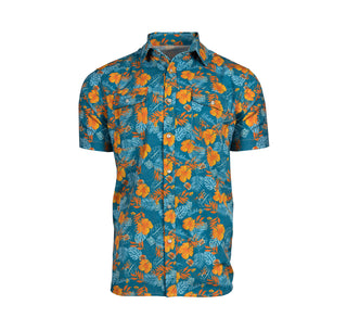 Front View Hawaiian Fishing Snap Shirt Product Detail: -70% Polyester, 20% Cotton, 10% Spandex -Relaxed Fit with front chest pocket -Vented back -Back pocket for cans and phones -Pearl snap buttons -Looks great on men and women