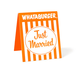 View Just Married orange and white striped table tent
