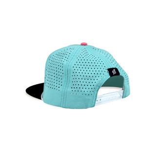 Side View Retro Aqua Staunch Collection Hat Product Detail: Color: Aqua Material: Nylon Crown: Mid Height/Structured Panel: 5 Ventilation: Perforated Holes Bill: Flat/Curved (hybrid) Closure: Adjustable Snap Back