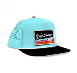 Front View Retro Aqua Staunch Collection Hat Product Detail: Color: Aqua Material: Nylon Crown: Mid Height/Structured Panel: 5 Ventilation: Perforated Holes Bill: Flat/Curved (hybrid) Closure: Adjustable Snap Back