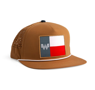 Front View Texas Flag Staunch Collection Hat Product Detail: Color: Tan with White Rope Detail Material: Nylon Crown: Mid Height/Structured - Pinch Front Crown Panel: 6 Ventilation: Perforated Holes Bill: Flat/Curved (hybrid) Closure: Adjustable Snap Back
