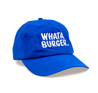 View Blue Stacked Channel Letter Hat Front, design uses a white embroidered thread.