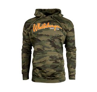 View Green, Brown, Tam, Camo hoodie with Orange and White lettering that reads Whataburger since 1950 