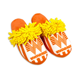 See French Fry Slippers, Flying W and whataburger channel letters are on the top of the slipper, mouth of the shoe features a "french fry" textured rim. Made with TPR Sole, Suede Velvet, and Polyester Fabric