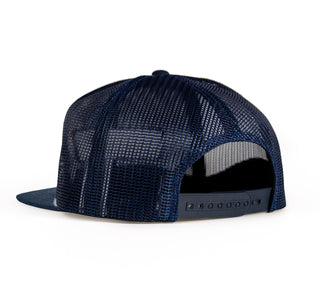 view back navy mesh hat featuring snap closure.