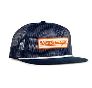 view front navy mesh hat with white rope over the brim featuring orange and white rubberized patch.