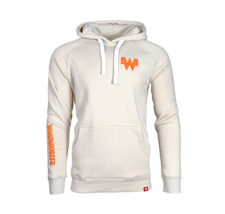 View Sportique Olsen Tan Hoodie with White drawstrings, orange flying W on left side of chest, and orange channel letters on lower half of right sleeve.