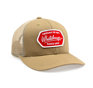 View Front of Tan Trucker Hat Red and white patch reads: Coming in Hot Since 1950. Whataburger.
