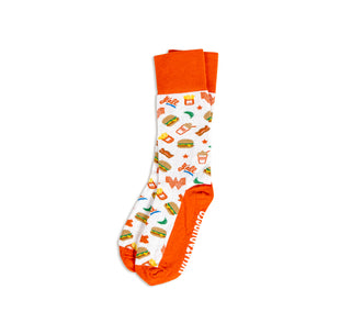 View Multi-Color and Design Texas Whataburger Socks - features burgers, fries, bacon, jalapenos, "Y'all", and Flying W Logo