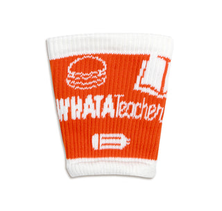 view orange and white coffee cup sweater. Design features a book, a burger, and a pencil.