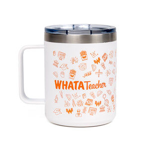 View 12oz Stainless Steel Mug with white exterior covered in orange designs that reflect the various subjects in education, WhataTeacher is written across the middle.
