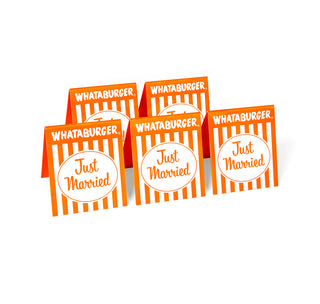 View Set of 5 Just Married Orange and White striped table tents