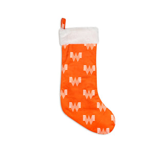 View Orange stocking with white flying w's repeated across in a pattern. There is a loop to hang from a hook and a fuzzy white top to complete that holiday look.