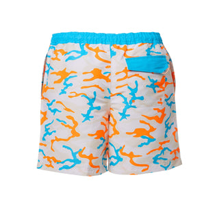 view back Magellan Outdoors Camo Orange and White Boat Short