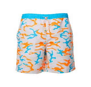 view front Magellan Outdoors Camo Orange and White Boat Short