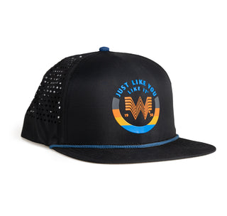 View Black Staunch Just like you like it hat, features a blue rope across the bill.