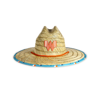 view top of whataburger straw hat featuring the flying w patch