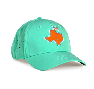 view whataburger mint green golf hat with whataburger golf flag placed right in the middle of texas.