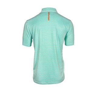 view whataburger golf polo with orange channel letters vertically oriented under the collar.