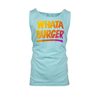 View mint tank top with stacked channel letter gradient graphic