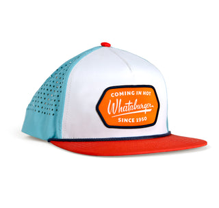 view tri color coming in hot staunch hat. featuring an orange bill, white front, and blue back. the patch is orange and reads, coming in hot whataburger since 1950.