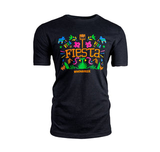 view 2023 fiesta tee black shirt with a colorful design featuring pinatas and texas elements